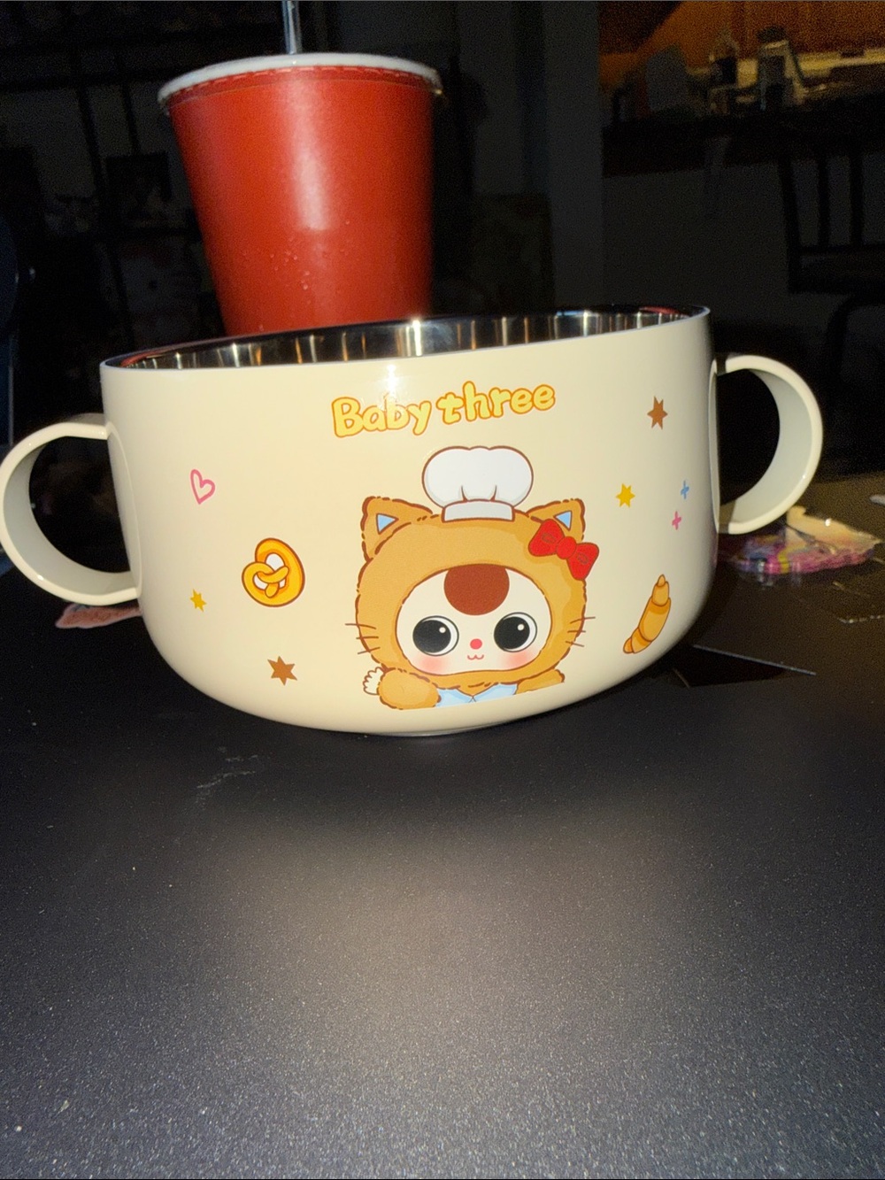 Cute "Baby Three" Double-Handle Bowl in Cream